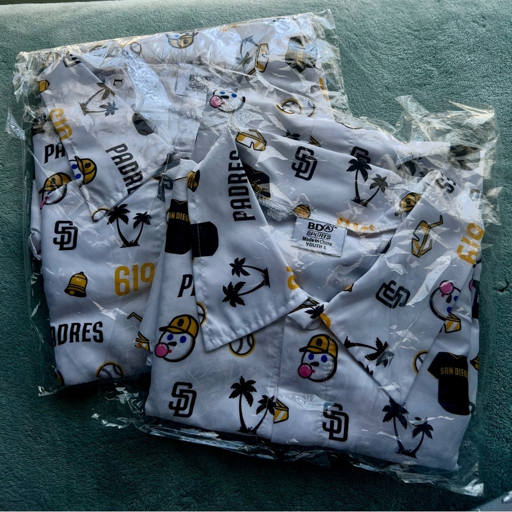 Two Padres 619 aloha shirts in large and youth large
